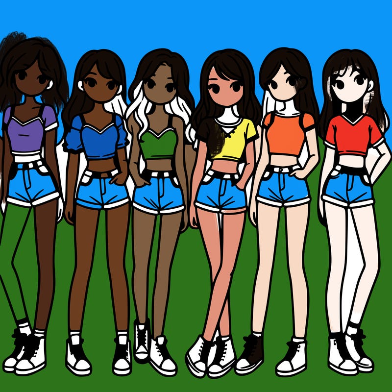 a group of girls wearing crop tops and shorts
