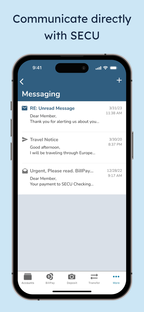 SECU - Screenshot of the SECU mobile app messaging interface showing an inbox with secure messages and notifications.