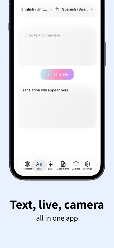 Interface of the AI Voice Translator app showing text live and camera translation features
