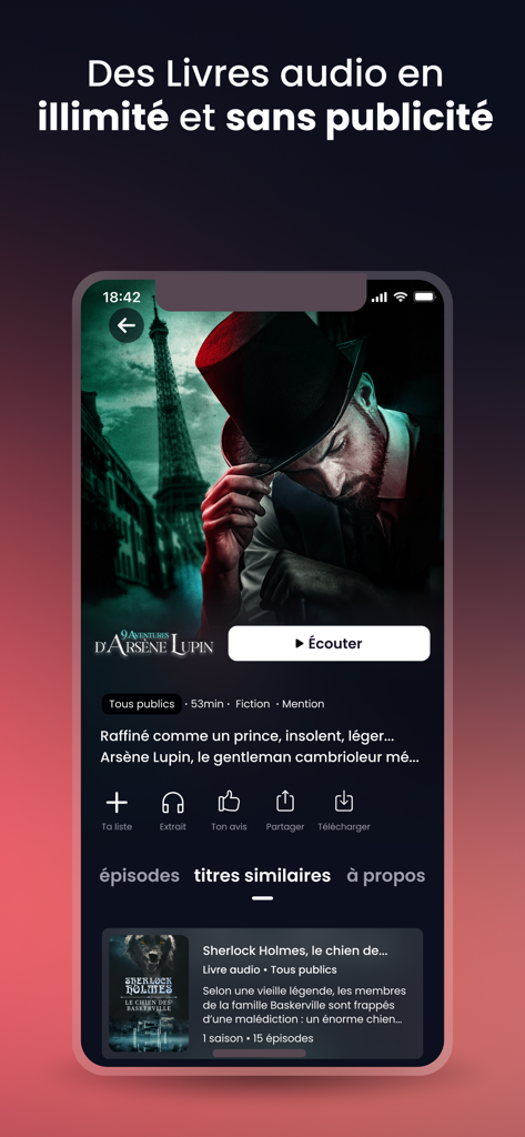 Sybel - Audio series, Podcasts - Sybel app screen displaying details and listen button for an Arsene Lupin audio series