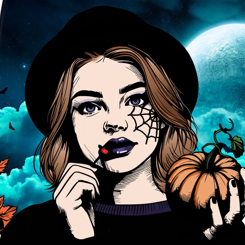 realistic teen girl with a pumpkin hat and is eating a miniature pumpkin