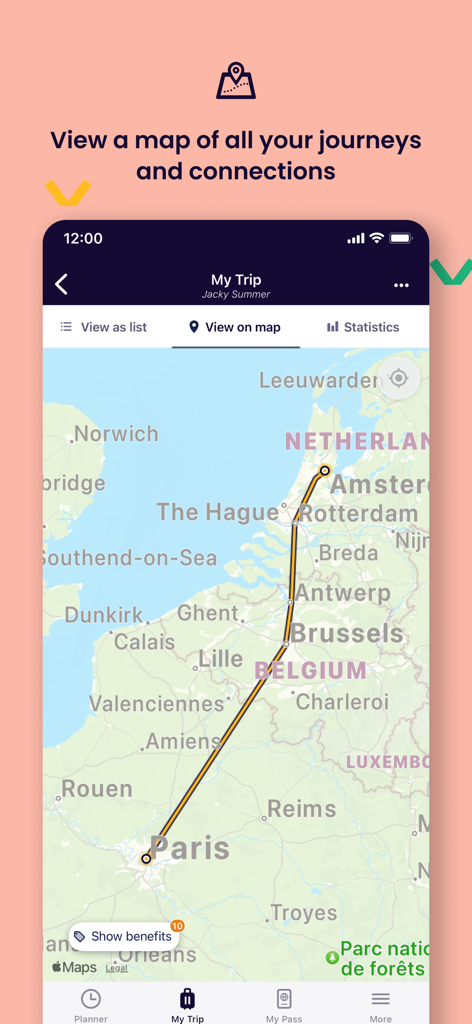 Interactive map view of a European train route from Paris to Amsterdam in the Rail Planner app