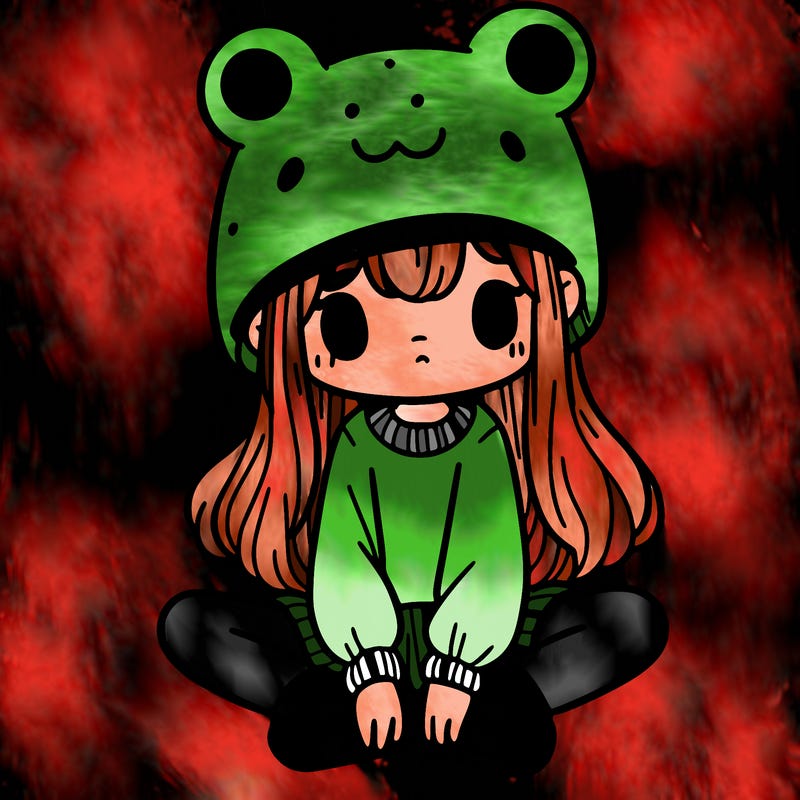 a girl wearing a frog hat and some frog socks
