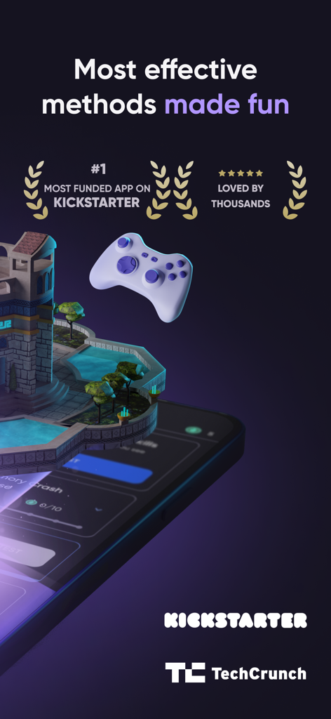 memoryOS・Improve Memory Skills - Promotional screen for memoryOS app featuring gamified memory training and Kickstarter awards