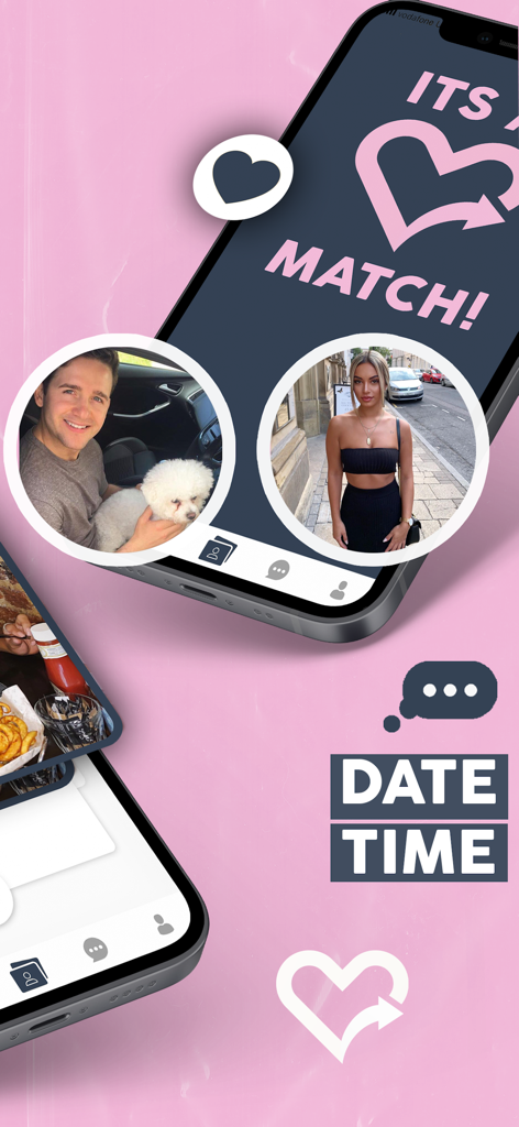 A mobile dating app interface showing a successful match between two users with profile photos and a pink heart