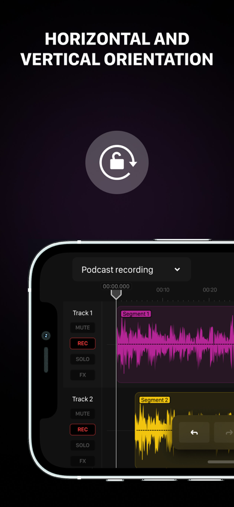 Audio One: Multitrack Editor - Application Audio One en mode paysage montrant une interface d'enregistrement de podcast multitrack avec des formes d'onde audio