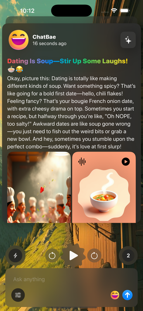 ChatBae AI - Ask Anything - ChatBae AI app interface showing a creative dating analogy about soup with AI-generated images of chefs and a bowl of soup.