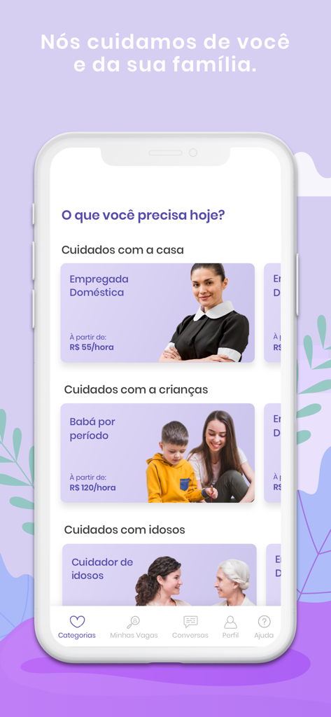 Famyle - Contrate para família - Famyle app home screen displaying categories for house cleaning child care and elderly care services with pricing