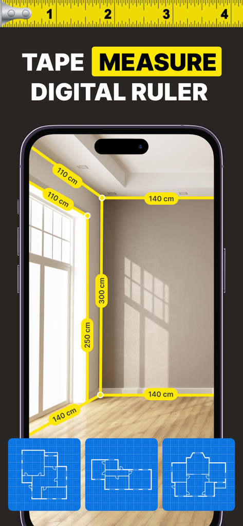 Tape Measure+ AR Digital Ruler - Smartphone displaying AR measurements of a room interior with floor plan layouts below