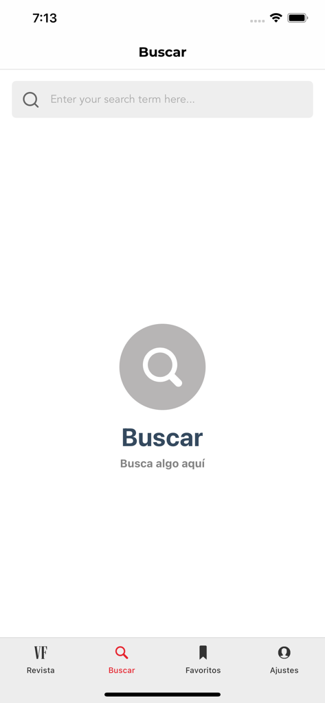 Interfaz de búsqueda de la aplicación móvil Vanity Fair España mostrando la barra de búsqueda y el menú de navegación inferior.