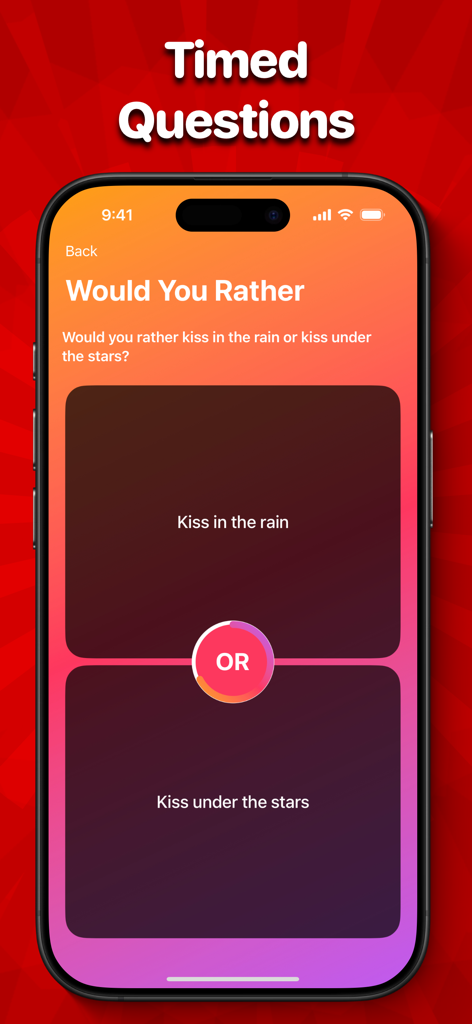 Spicy Would You Rather? - A smartphone screen showing a timed Would You Rather question with romantic options for couples.