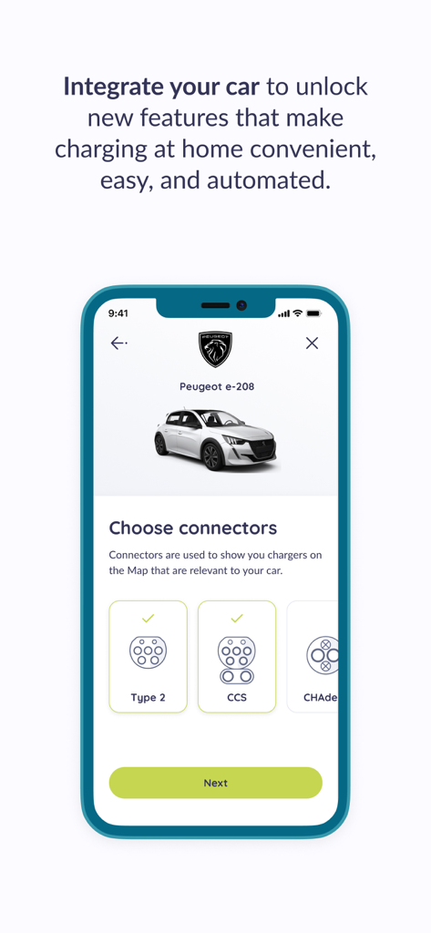 MyWAAT - Interfaz de la aplicación MyWAAT para la integración del coche eléctrico y la selección de conectores de carga.