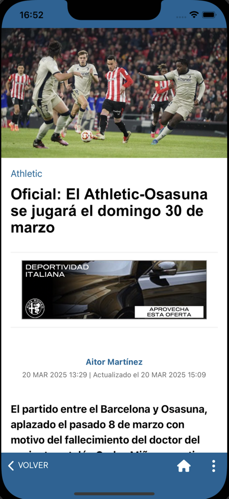 Deia - La aplicación Deia mostrando un artículo de noticias deportivas sobre el equipo de fútbol Athletic Club