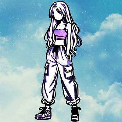 girl in baggy pants crop top and long hair