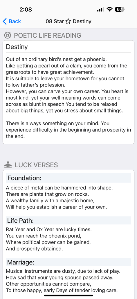 Destiny Stars Astrology app interface showing poetic life reading and luck verses