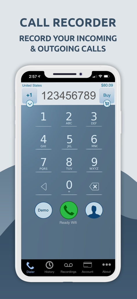 Call Recorder - IntCall - Interface de l'application Call Recorder IntCall affichant le clavier téléphonique et les options d'enregistrement