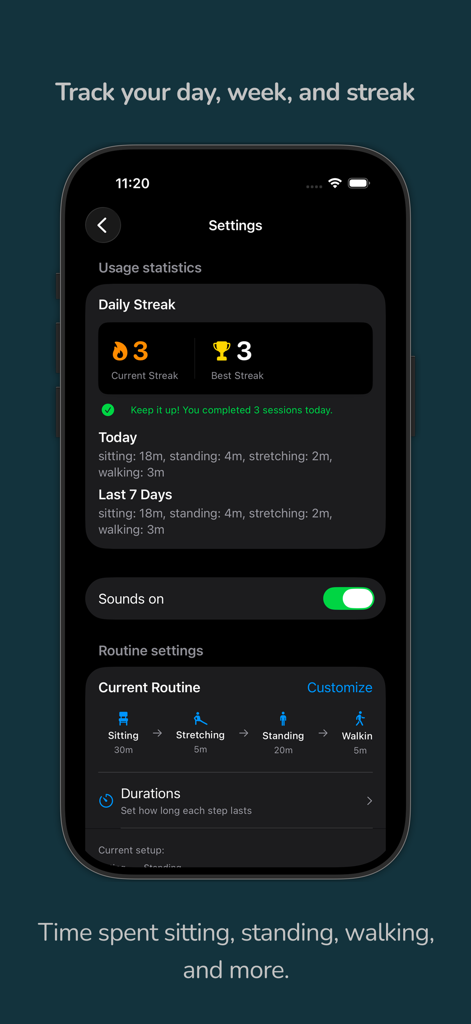 Standly | Standing desk timer - Standly app settings screen displaying daily streaks, activity statistics, and routine configuration.