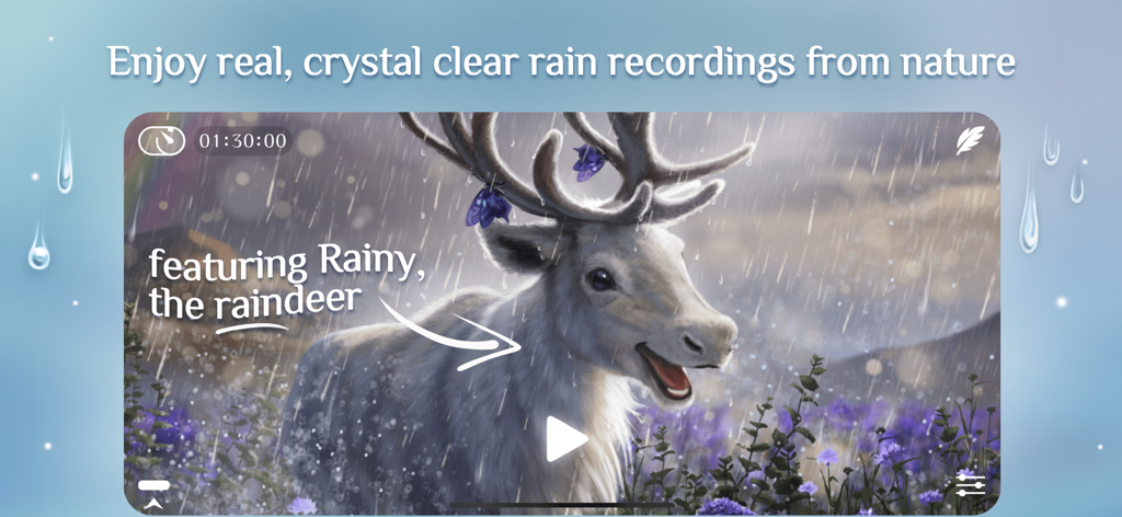 Rainy Sleep Rain Sounds HQ 3D - A white reindeer in a rainy nature scene within the Rainy Sleep app interface