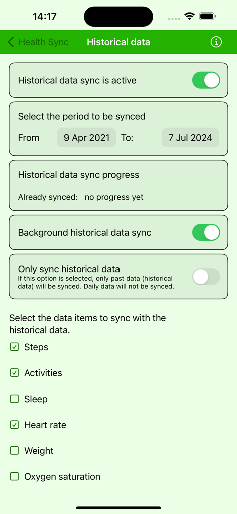 Health Sync by appyhapps - Historical data sync settings in the Health Sync app showing date range selection and health data categories.