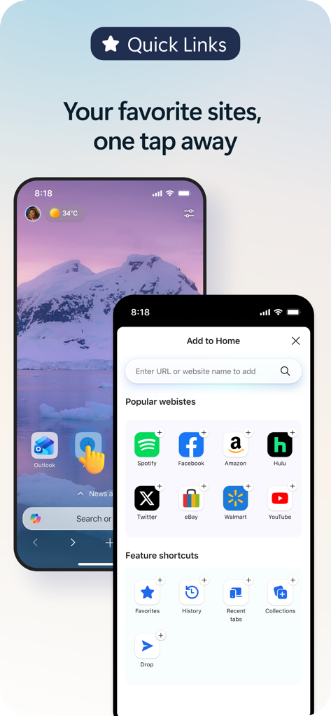 Microsoft Edge Quick Links interface showing shortcuts to popular websites and browser features