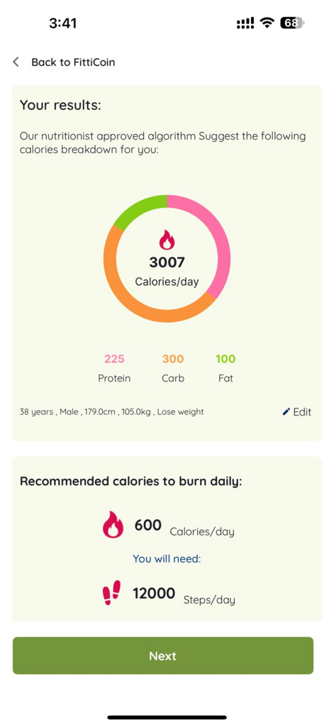 Daily calorie breakdown and recommended step goals screen in the FittiCoin app