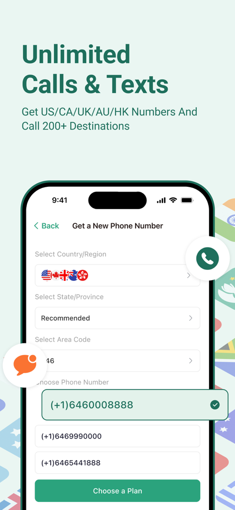 A screenshot of the WeTalk app interface for selecting a new international phone number for global calls and texts.