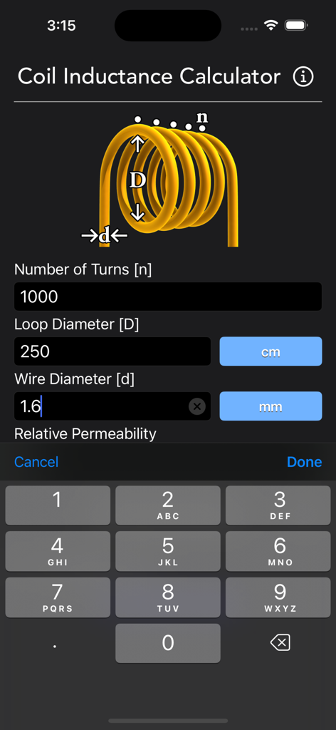 Capture d'écran de l'application Calculateur d'Inductance de Bobine montrant les champs de saisie pour le nombre de spires, le diamètre de la boucle et le diamètre du fil avec un clavier numérique.