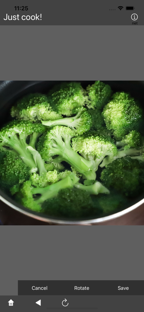 A screen in the Just cook app displaying a fresh broccoli image with options to rotate and save.