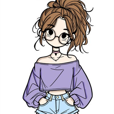 girl with a messy ponytail glasses a baggy crop top and jean shorts