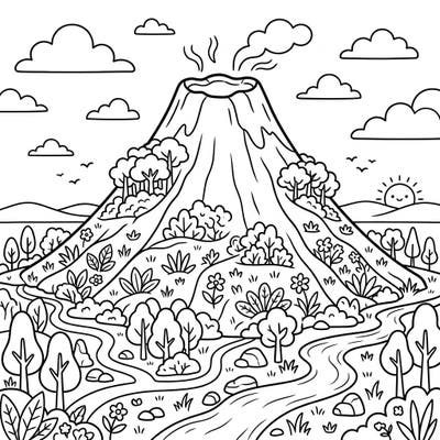 Dive into a prehistoric world with this engaging extinct volcano coloring page, perfect for young adventurers! Kids aged 4-8 will love bringing this lush landscape, complete with a gentle volcano and winding river, to life with their favorite colors.
