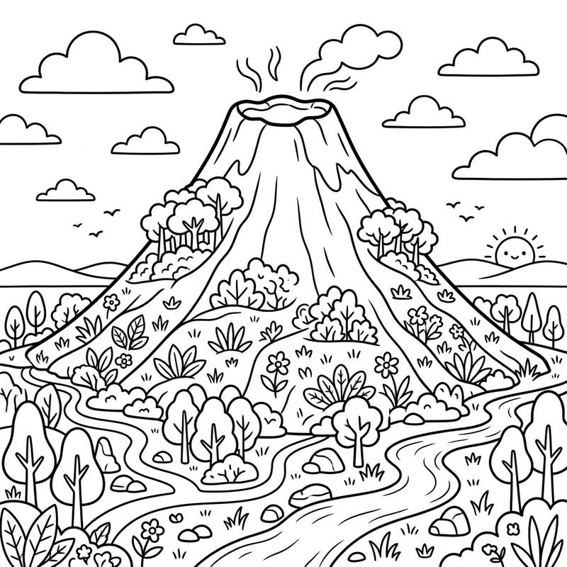 Dive into a prehistoric world with this engaging extinct volcano coloring page, perfect for young adventurers! Kids aged 4-8 will love bringing this lush landscape, complete with a gentle volcano and winding river, to life with their favorite colors.