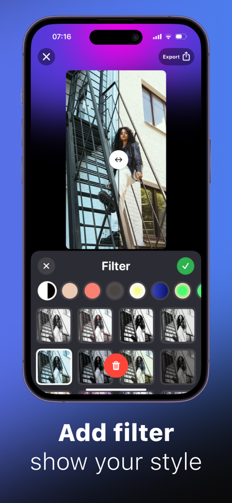 ClipClap: Video Clips Editor - ClipClap 앱 화면, 사진 및 동영상에 미적 필터를 적용하는 방법 표시