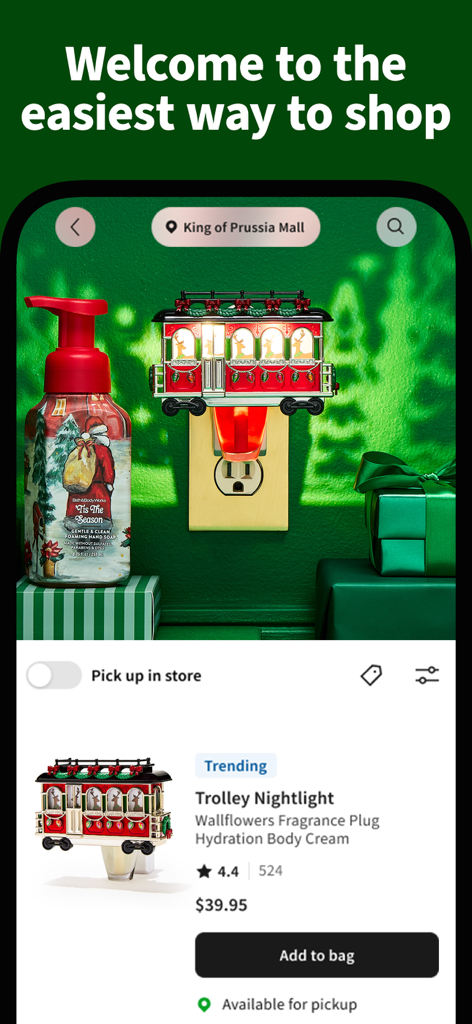 Interfaz de la aplicación de Bath and Body Works mostrando una linterna de carro de vacaciones y jabón de manos espumoso