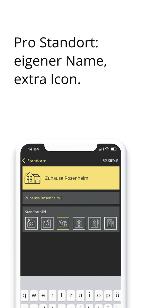 Siedle App - Pantalla de la Siedle app que muestra cómo personalizar ubicaciones de propiedades con nombres personalizados e iconos de edificios