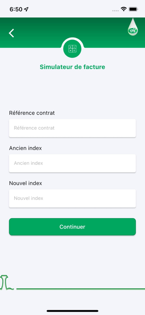 Ma SODECI en ligne - Ma SODECI en ligne bill simulation screen with input fields for contract reference and meter readings