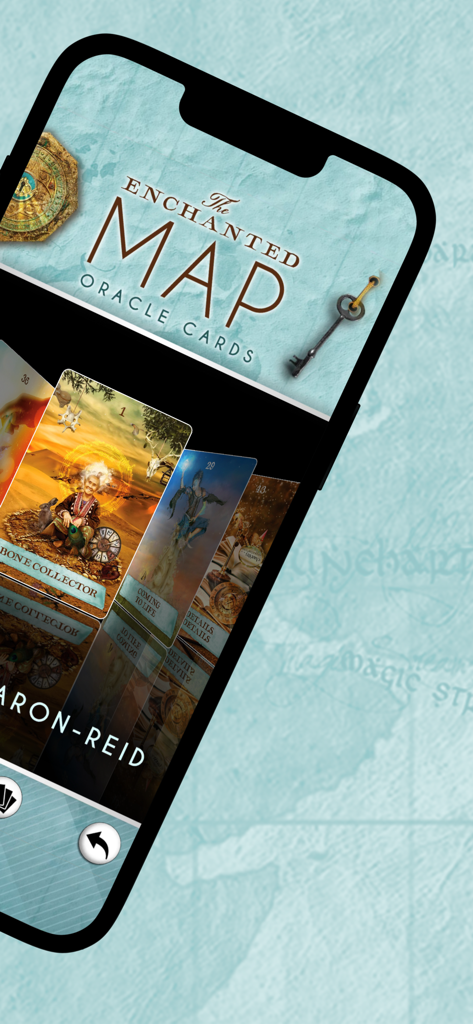 Tela de iPhone exibindo a interface do aplicativo Oráculo do Mapa Encantado com a carta Bone Collector.