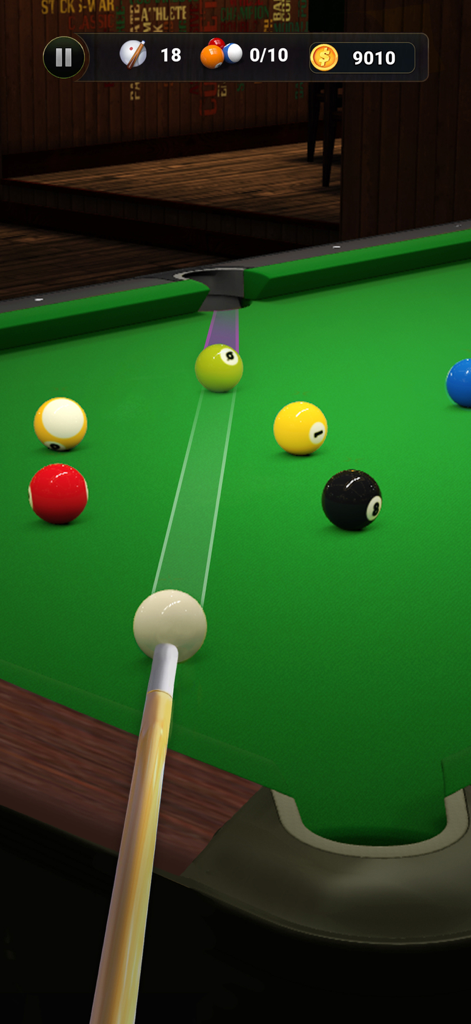 8 Pool Master - 8 Pool Master gameplay showing a cue stick aiming at pool balls on a green table.