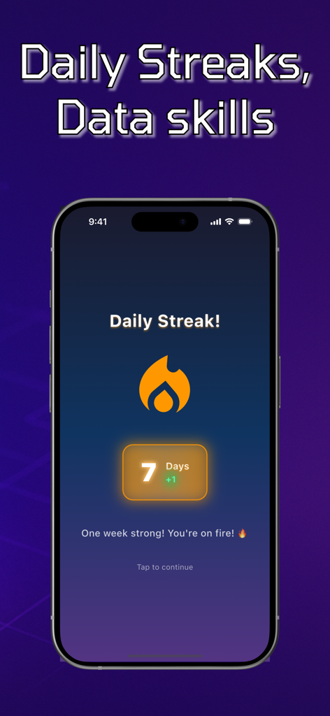 SQL Practice: Learn Database - SQL Practiceアプリのモバイル画面。炎のアイコンが付いた7日間の学習ストリークが表示されています。