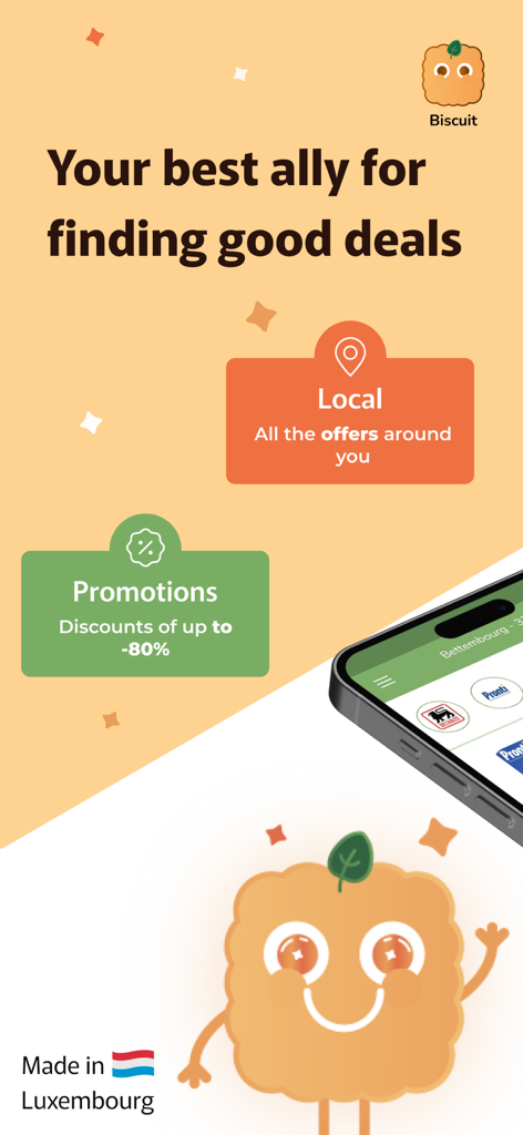 Biscuit - Banner promocional para la aplicación Biscuit destacando ofertas y descuentos locales en Luxemburgo
