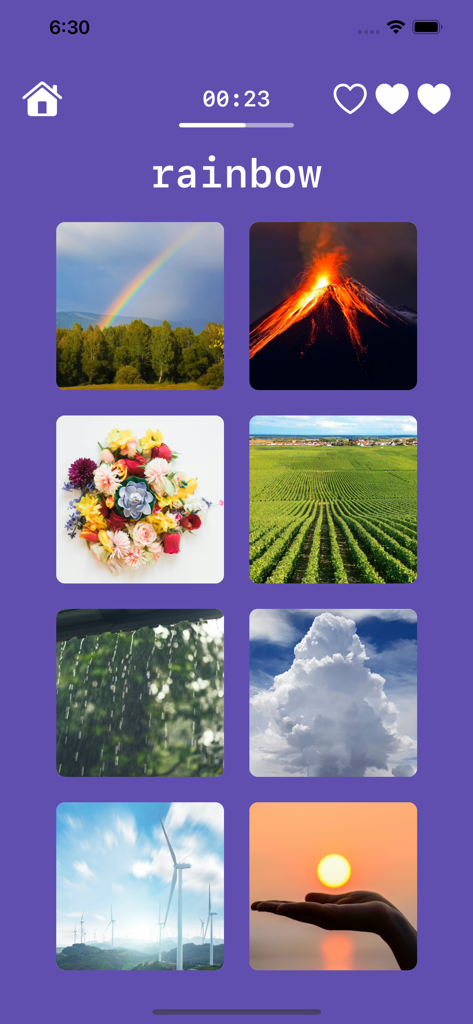 Learn English Playing Big Ben - English vocabulary game screen where players match the word rainbow to the correct image among nature photos