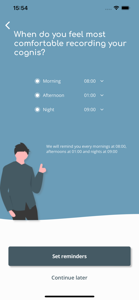 Cogni - Cogni app screen showing daily reminder settings for recording thoughts in the morning afternoon and night
