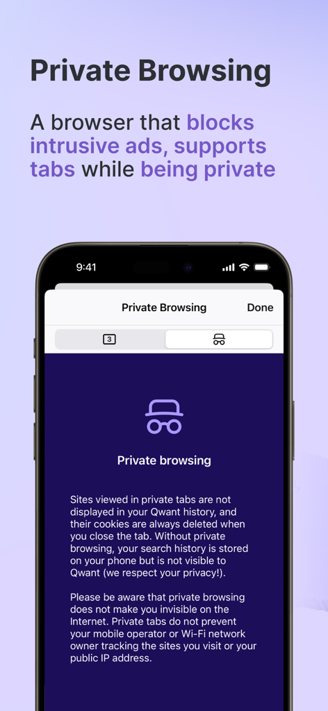 Qwant Private Search - Qwant app private browsing mode screen showing privacy features and tab management on a smartphone