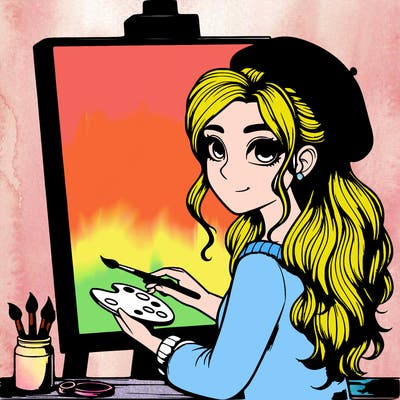 realistic girl artist painting a blank canvas