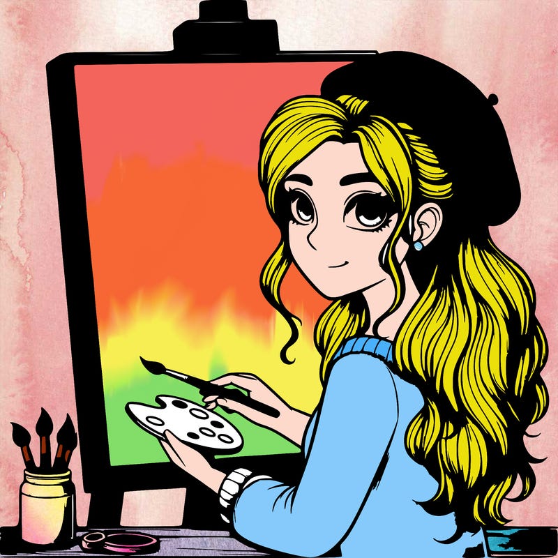 realistic girl artist painting a blank canvas