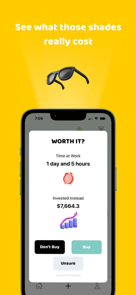 BuyBye - Save Money - Pantalla de smartphone mostrando la función Worth It de la aplicación BuyBye analizando el costo de unas gafas de sol en horas de trabajo y su valor potencial de inversión.