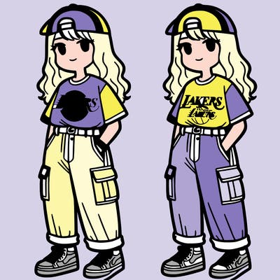a girl wearing cargo pants and a laker's basketball shirt