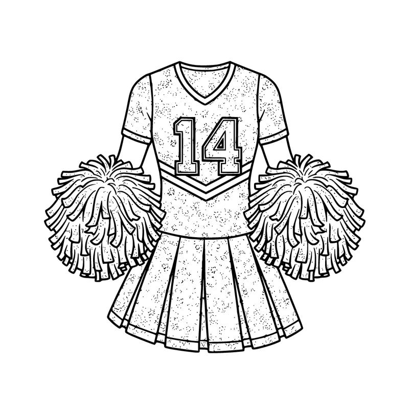 glittery cheerleader outfit glittery pom-poms with the 14 number on the shirt