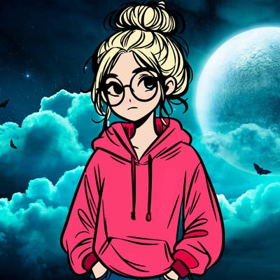 teen girl with a messy bun and glasses wearing a loose hoodie and jeans