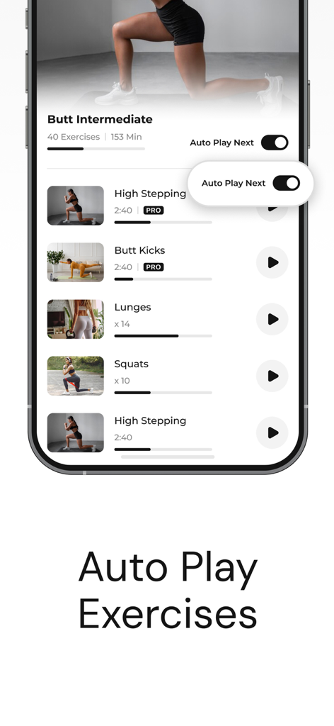 Butt Workout - BootyQ - Interfaz de la aplicación BootyQ que muestra una lista de ejercicios de glúteos y el control de la función de reproducción automática