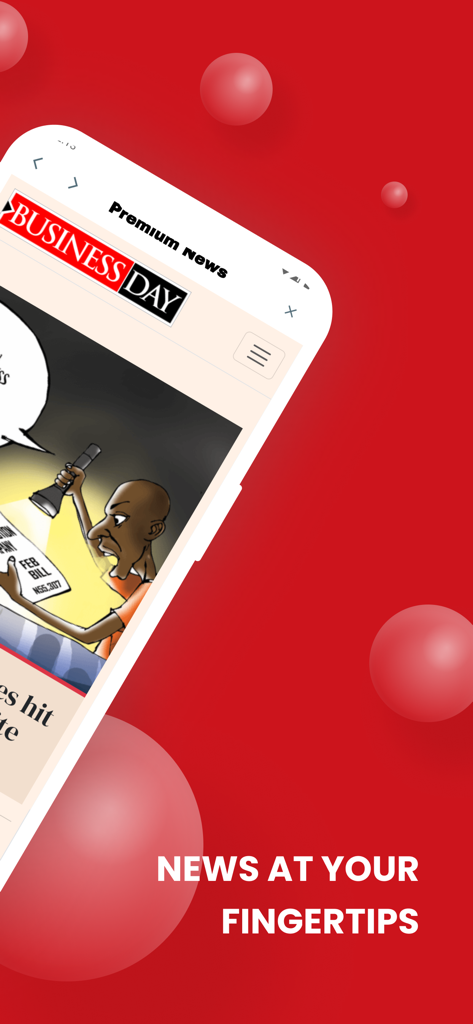 BusinessDay News mobile app interface showing premium business news and editorial cartoons on a red background